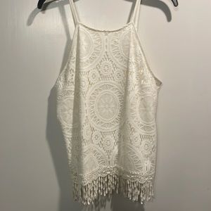 Cream lace tank top with fringe